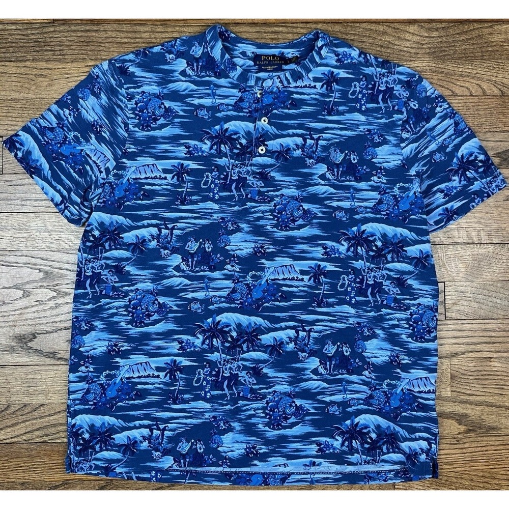 Polo Ralph Lauren‎ Featherweight Mesh Henley Shirt Blue Hawaiian Luau Sz Large